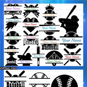 May include: Black and white baseball-themed cutting files with various designs. Includes baseballs, bats, and text fields for personalization. The text "Your Name" and "Baseball" are featured. Perfect for crafting projects.