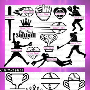 May include: A set of 16 black and white softball-themed SVG cut files for crafting. The designs include a softball, a glove, a trophy, a crown, a heart, a flame, and a banner with the word "Softball".