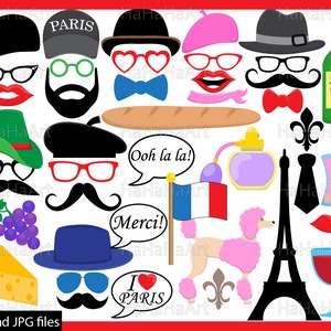 Apoyos de Francia - imágenes prediseñadas PDF JPG Digital gráfico diseño comercial uso Prop foto stand instantánea descargar Clip art sombrero gafas de París (00188)