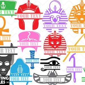 May include: A set of 10 digital cut files featuring Egyptian-themed designs. The designs include an ankh, a scarab beetle, a cat, a cobra, an eye of Horus, a pyramid, and a pharaoh. The designs are perfect for creating personalized crafts, home decor, and more.