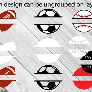 May include: A digital design featuring split sports balls, including a football, soccer ball, and baseball. The designs are in red, black, white, and gray, with the text "Each design can be ungrouped on layers."