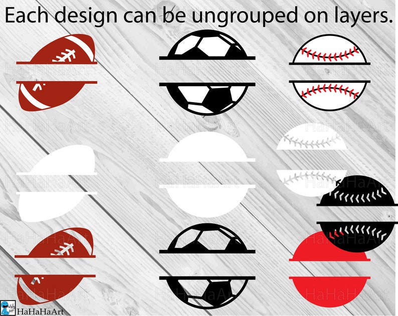 May include: A digital design featuring split sports balls, including a football, soccer ball, and baseball. The designs are in red, black, white, and gray, with the text "Each design can be ungrouped on layers."