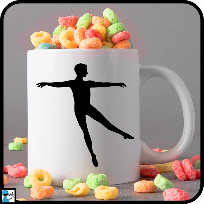 May include: White ceramic mug with a black silhouette of a dancer in a ballet pose. The mug is filled with colorful cereal.