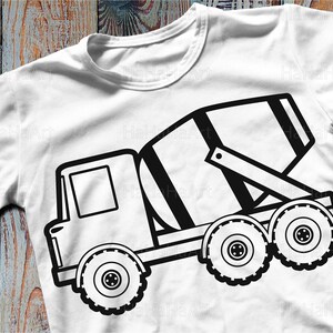 May include: Black and white line art illustration of a cement mixer truck. The truck has a large drum on the back and four wheels. The truck is on a white background.
