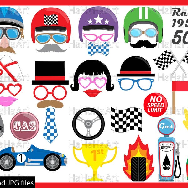 50s Race Car Props V2 - ClipArt PDF JPG Digital Graphic Design Commercial Use Prop Photo Booth Instant Download Clip Art hat helmet 00240