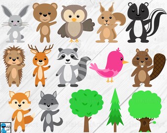 Puede incluir: Un conjunto de 14 ilustraciones de animales de dibujos animados coloridos, que incluyen un conejo, un oso, un búho, una ardilla, una mofeta, un erizo, un ciervo, un mapache, un pájaro, un castor, un zorro, un lobo y dos árboles. Todos los animales están mirando hacia adelante y tienen expresiones amigables.