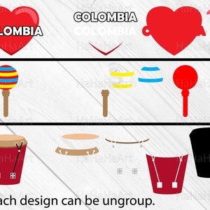 May include: A collection of vector illustrations featuring Colombian cultural symbols. Includes a red heart with "COLOMBIA" text, a maraca, a drum, and other musical instrument elements. The text "Each design can be ungroup" is also present.
