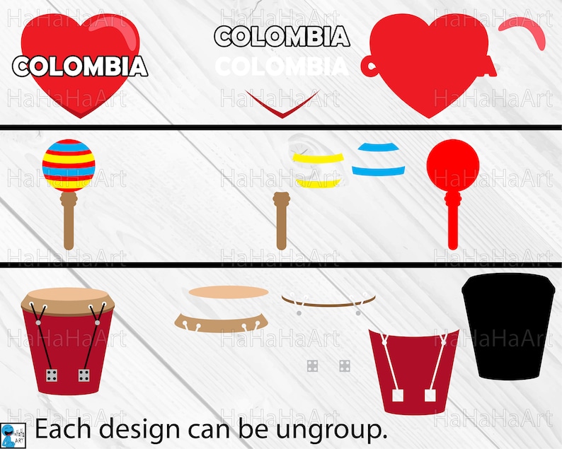 May include: A collection of vector illustrations featuring Colombian cultural symbols. Includes a red heart with "COLOMBIA" text, a maraca, a drum, and other musical instrument elements. The text "Each design can be ungroup" is also present.