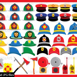 May include: A set of 30 printable firefighter and police hat images. The hats are in various colors, including red, blue, yellow, and green. The hats are perfect for creating party decorations, crafts, or photo props.