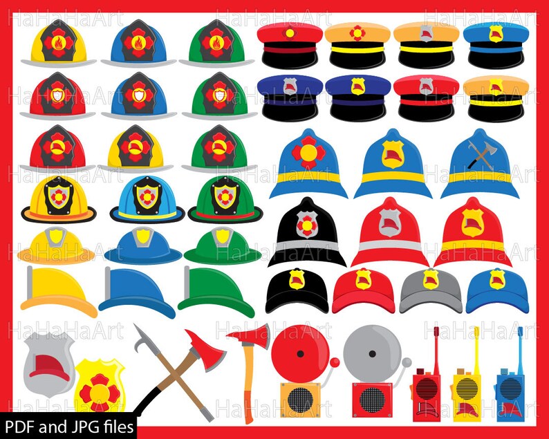 May include: A set of 30 printable firefighter and police hat images. The hats are in various colors, including red, blue, yellow, and green. The hats are perfect for creating party decorations, crafts, or photo props.