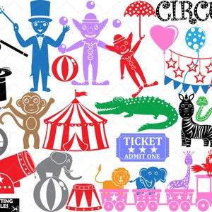 May include: A colorful set of circus-themed clip art images, including a clown, a magician, a monkey, a zebra, a crocodile, a tent, a cannon, an elephant, a giraffe, a train, and a ticket. The images are perfect for creating invitations, party decorations, or scrapbooking projects.