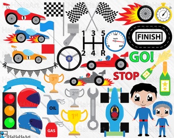 May include: A set of colorful cartoon illustrations for a racing themed party. The illustrations include race cars, checkered flags, a finish line, a trophy, a stop sign, a gas can, an oil can, a steering wheel, a gear shift, a speedometer, a helmet, and two cartoon racers.