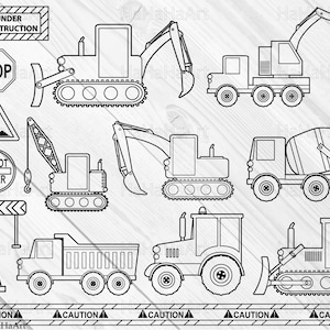 May include: Black and white line art illustration of construction vehicles, including a crane, bulldozer, excavator, cement mixer, dumper truck, tractor, and a road roller. The image also includes construction signs, such as "Under Construction", "Stop", "Do Not Enter", and "Caution".