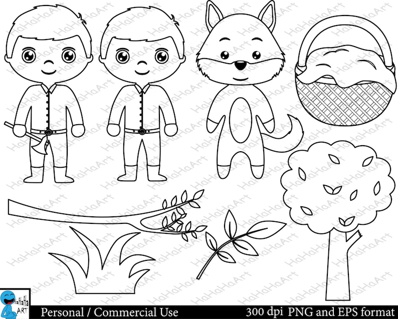 Outline Little Red Riding Hood Set Clipart Digital Clip Art | Etsy