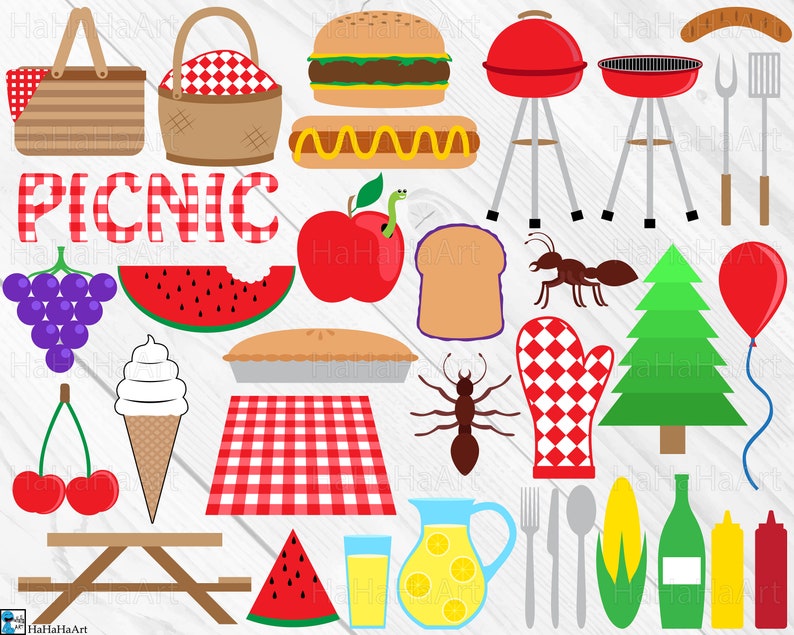Puede incluir: Un conjunto de ilustraciones coloridas para un tema de picnic. Las ilustraciones incluyen una cesta de picnic, una sand&iacute;a, una hamburguesa, un perrito caliente, un pastel, una parrilla, un &aacute;rbol, una manzana roja, un globo rojo, una mesa de picnic, una jarra de limonada, un tenedor, una cuchara, un cuchillo, ma&iacute;z en la mazorca, una botella de vino, una botella de mostaza, una botella de ketchup, un mantel a cuadros rojo y blanco, un guante de horno a cuadros rojo y blanco y dos hormigas.
