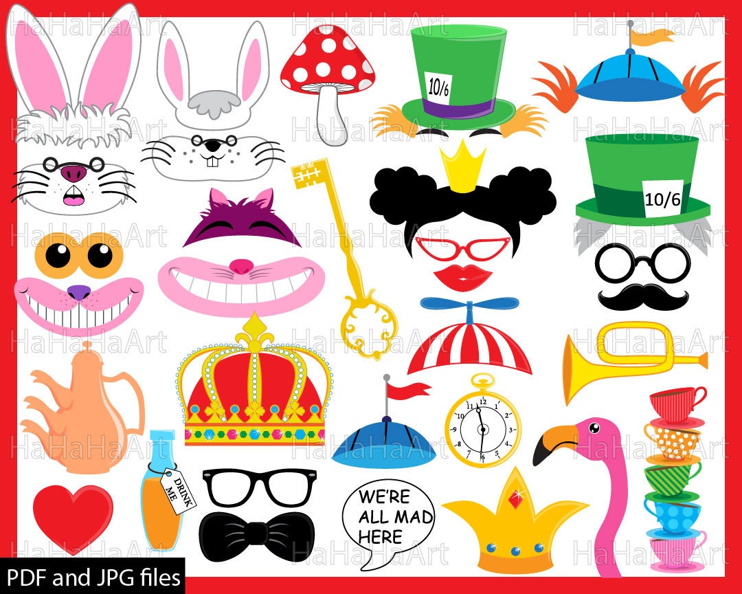 Alices Tea Party And Adventures In Wonderland ClipArt PDF JPG Digital Graphic Design Commercial Use Prop Photo Booth Clip art