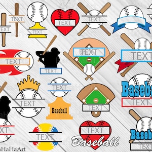 May include: A selection of baseball-themed illustrations, featuring baseballs, bats, and diamond shapes. Each design includes a space for text, with diverse styles such as hearts, flames, and banners. The designs are in black, white, red, and blue.