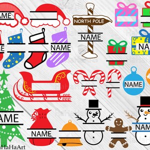 May include: A selection of Christmas-themed digital graphics. Features Santa hats, stockings, gift boxes, baubles, a sleigh, candy canes, snowmen, a gingerbread man, and a North Pole sign. Each graphic has a space for personalization with the word "NAME".