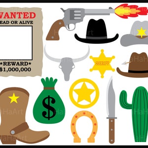 May include: A collection of Wild West-themed illustrations. Includes a wanted poster with a reward of $1,000,000, a revolver with flames, cowboy hats, a sheriff badge, a bull skull, a money bag, a star, a horseshoe, a knife, a cactus, and a cowboy boot.
