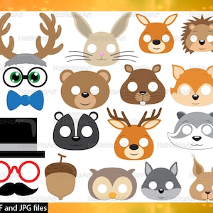 May include: A set of 15 printable woodland animal masks. The masks feature a variety of animals, including a deer, a squirrel, a raccoon, a fox, a bear, a rabbit, a hedgehog, an owl, a skunk, a beaver, and a squirrel. The masks are perfect for a woodland-themed party or activity.
