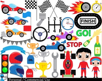May include: A collection of cartoon racing-themed illustrations. Includes race cars, checkered flags, trophies, a steering wheel, a speedometer, and racing helmets. Also features the words "GO!" and "FINISH".