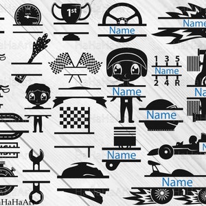 May include: A set of 20 black and white SVG cut files featuring a racing theme. The files include images of a race car, a chequered flag, a trophy, a steering wheel, a speedometer, a wrench, a helmet, and a race track. The text "Name" appears on several of the files.