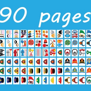 May include: A set of 90 printable pages featuring firefighter themed images. The images include various firefighter hats, helmets, tools, and accessories. The images are colorful and perfect for creating crafts, party decorations, or educational activities.