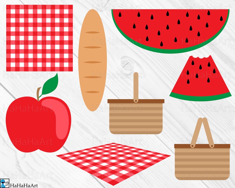 Puede incluir: Una escena de picnic con un mantel a cuadros rojo y blanco, una hogaza de pan, una manzana roja, dos cestas de picnic de mimbre y dos rebanadas de sand&iacute;a.