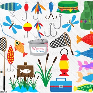 May include: A set of colourful fishing themed clipart images, including a fishing rod, a net, a bucket of worms, a fishing lure, a dragonfly, a fish, a lantern, a tackle box, a fishing vest, a fishing hat, and reeds. The text "Worms for fishing" is on the bucket.