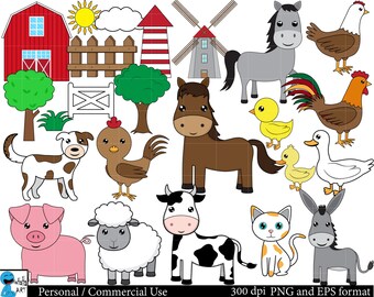 Ensemble de cliparts animaux de la ferme : 56 images PNG, fichier EPS (téléchargement numérique)