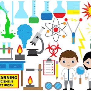 May include: A set of colorful science-themed clipart illustrations, including beakers, flasks, a microscope, a Bunsen burner, a test tube rack, a warning sign that says "Warning Scientist at Work", and two cartoon scientists.