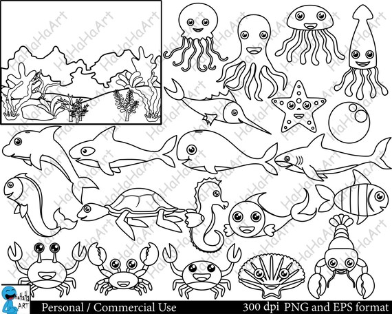 Outline Sea Animals Set Clipart Digital Clip Art Graphics Etsy