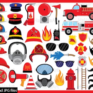 May include: A set of 24 printable firefighter themed photo booth props. The props include a fire truck, fire hydrant, firefighter hats, a fire hose, a gas mask, sunglasses, a ladder, mustaches, and more.