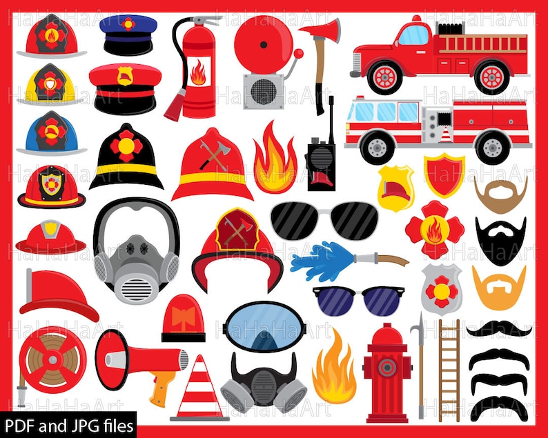 May include: A set of 24 printable firefighter themed photo booth props. The props include a fire truck, fire hydrant, firefighter hats, a fire hose, a gas mask, sunglasses, a ladder, mustaches, and more.