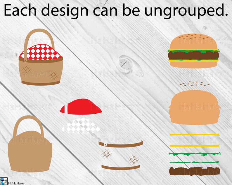 Puede incluir: Un conjunto de im&aacute;genes de clipart digitales que presentan una cesta de picnic con un forro a cuadros rojo y blanco, un sombrero rojo, una cesta marr&oacute;n y una hamburguesa con lechuga, tomate y queso. Las im&aacute;genes est&aacute;n sobre un fondo de madera blanca.