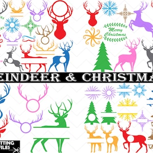 Op de afbeelding: Een set digitale snijbestanden met rendier- en kerstthema's. De ontwerpen omvatten rendiersilhouetten, sneeuwvlokken, kerstboom en de tekst "Merry Christmas".