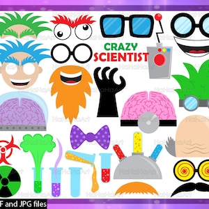May include: A set of colorful printable photo booth props with a crazy scientist theme. The props include a variety of faces, glasses, hair, and other accessories. The text "CRAZY SCIENTIST" is included in the image.