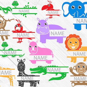 May include: A set of 12 split monogram designs featuring various jungle animals, including a giraffe, zebra, monkey, lion, rhino, hippopotamus, crocodile, snake, parrot, and elephant. Each design includes a blank space for a name.