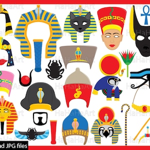 May include: A set of 18 colourful digital clipart images featuring Egyptian themed symbols, including a scarab beetle, an eye of Horus, a pharaoh's headdress, and a cobra. The images are perfect for creating crafts, party decorations, or digital projects.