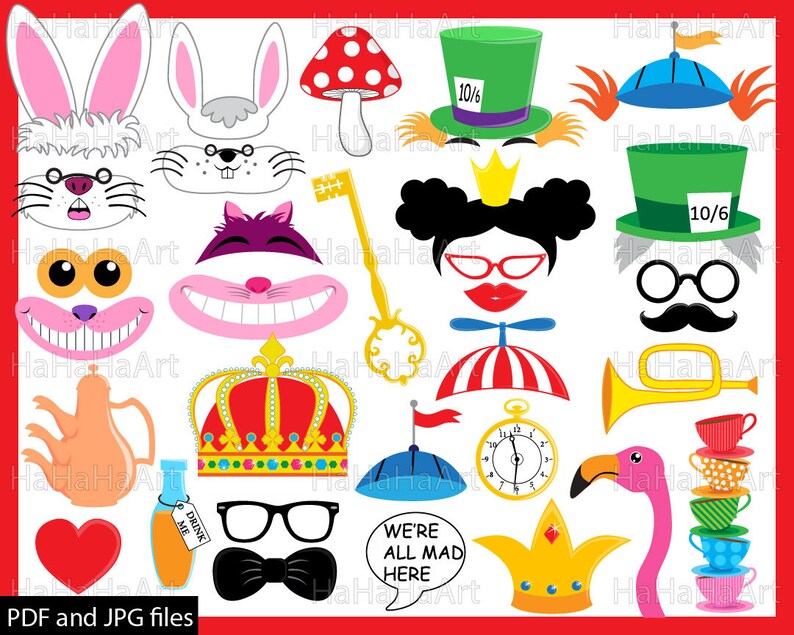 Alices Tea Party And Adventures In Wonderland ClipArt PDF JPG Digital Graphic Design Commercial Use Prop Photo Booth Clip art