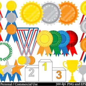 Puede incluir: Un conjunto de cintas, medallas y trofeos de premio coloridos. Las cintas son rojas, azules, verdes y amarillas. Las medallas son de oro, plata y bronce. Los trofeos son de oro, plata y bronce. Los números 1, 2 y 3 están en las cintas, medallas y trofeos.