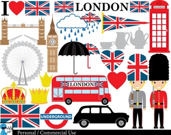 Conjunto de imágenes prediseñadas de Londres, Reino Unido: 45 gráficos PNG (descarga digital)