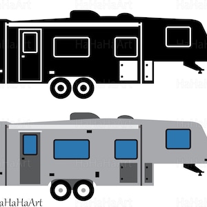 Könnte beinhalten: Eine Schwarzweißillustration eines fünften Radwohnwagens. Der Wohnwagen ist sowohl in einer durchgehenden schwarzen Silhouette als auch in Grau mit blauen Fenstern dargestellt. Der Wohnwagen verfügt über einen großen Wohnbereich, ein Schlafzimmer und ein Badezimmer.