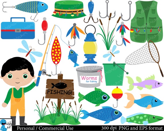 Fishing Set Clipart Digital Clip Art Graphics, Personal