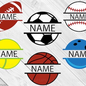 May include: A collection of sports-themed designs, each featuring a different ball: a football, soccer ball, baseball, tennis ball, basketball, and bowling ball. Each design includes the word "NAME" in a horizontal band across the center.