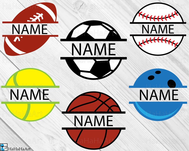 May include: A collection of sports-themed designs, each featuring a different ball: a football, soccer ball, baseball, tennis ball, basketball, and bowling ball. Each design includes the word "NAME" in a horizontal band across the center.