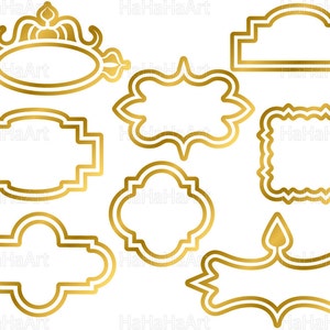 May include: A collection of eight gold-colored decorative frames in various shapes, including ovals, rectangles, and ornate designs. The frames have a double-lined border and are set against a white background. The text "HaHaHaArt" is visible in the image.