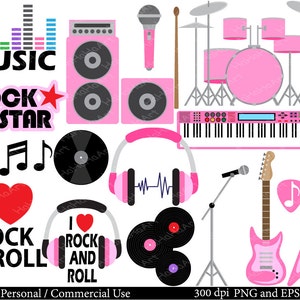 May include: Pink and black music themed clipart set with a microphone, guitar, drum set, keyboard, headphones, record, and music notes. The set also includes text that says "Music", "Rock Star", "I Rock N' Roll", and "I Rock And Roll".