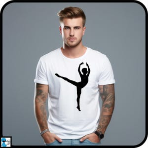 May include: A white t-shirt with a black silhouette of a person in a ballet pose.