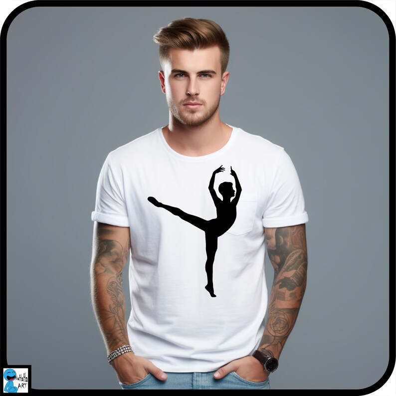 May include: A white t-shirt with a black silhouette of a person in a ballet pose.